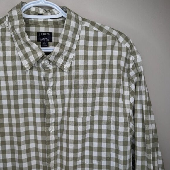 J Crew Slim Flex Washed Tan & White Checkered  Plaid Gingham XL Mens Button Down - Picture 3 of 9